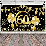 DECORACIONES DE CUMPLEAÑOS EN ORO NEGRO: Está especialmente diseñado para la fiesta de cumpleaños número 60. La pancarta de cumpleaños es negra como base, con bordes dorados como patrón decorativo. Impreso con globos, pasteles, cajas de regalo y elementos de fiesta de feliz cumpleaños 60, confettis, etc., agregue atmósfera para la fiesta temática del 60 cumpleaños, debe ser lo más destacado para impresionar a sus invitados. Adecuado tanto para hombres como para mujeres.