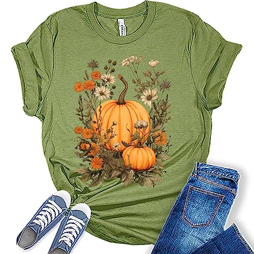 Womens Fall Pumpkin Vintage Flowers Tshirt Cottagecore Girls Graphic Tee Halloween Shirts Tops