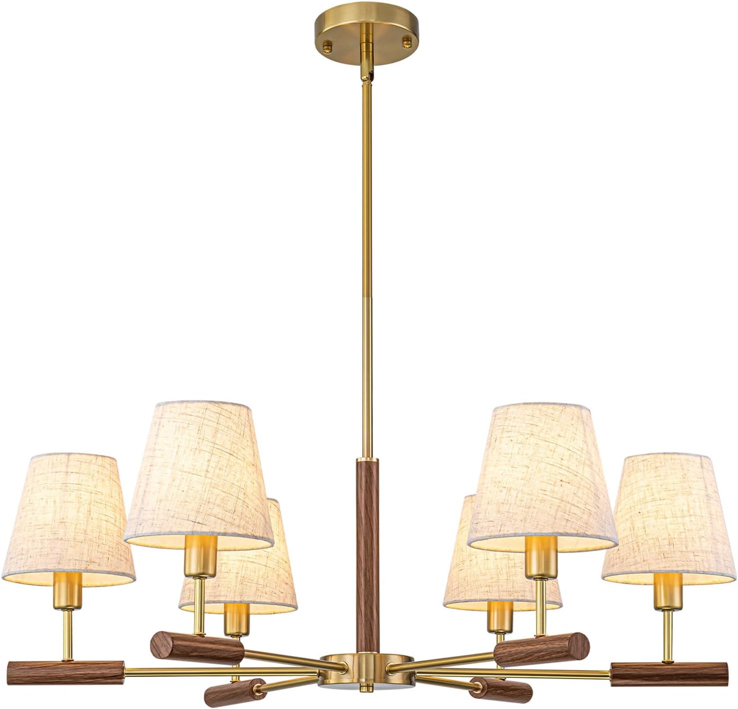 30” Gold Farmhouse Chandelier with White Fabric Shades, Height Adjustable Brass Pendant 6-Light Fixture for Kitchen Island, Dining Room, Foyer, Living Room, Entryway, Hallway