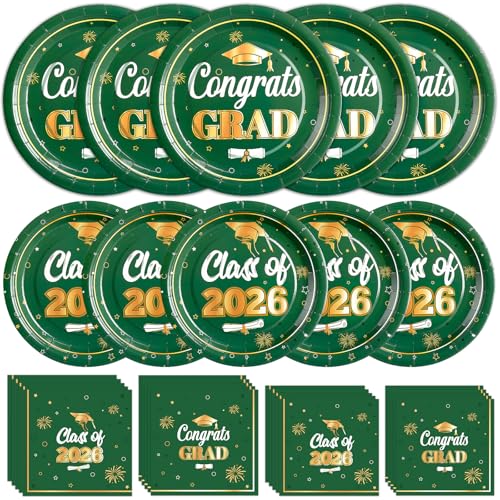 Cheery Land Green Graduation Plates and Napkins 2026 Paper Plates Party Supplies for Green and Gold Graduation Decorations 2026 Serves 50