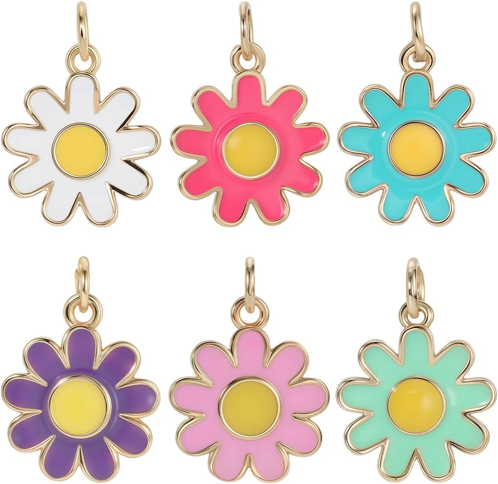 Beebeecraft 6Pcs 6 Colors Enamel Flower Charms 18K Gold Plated Dangle Daisy Floral Charm Colorful for Jewelry Making DIY Crafts Necklace Bracelet Earring