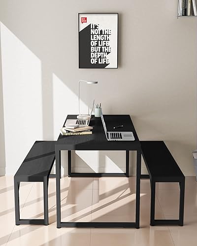 Miniatura 7 de Bealife Juego de mesa de comedor para 4 personas con marco de metal y tablero de MDF, mesa de cocina que ahorra espacio con 2 bancos, juego de mesa