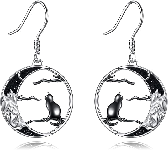 POPLYKE Black Cat Earrings Sterling Silver Moon/Moonstone Irish Jewelry Gifts for Women