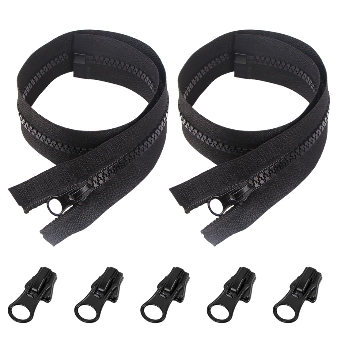 PLKSEI 2 Pieces 70 cm Long Zipper Hook, Universal Zipper, Zipper Slider, Replacement Zippers Divisible with 5 Metal Sliders for Sewing and Handicrafts for Bags (Black)