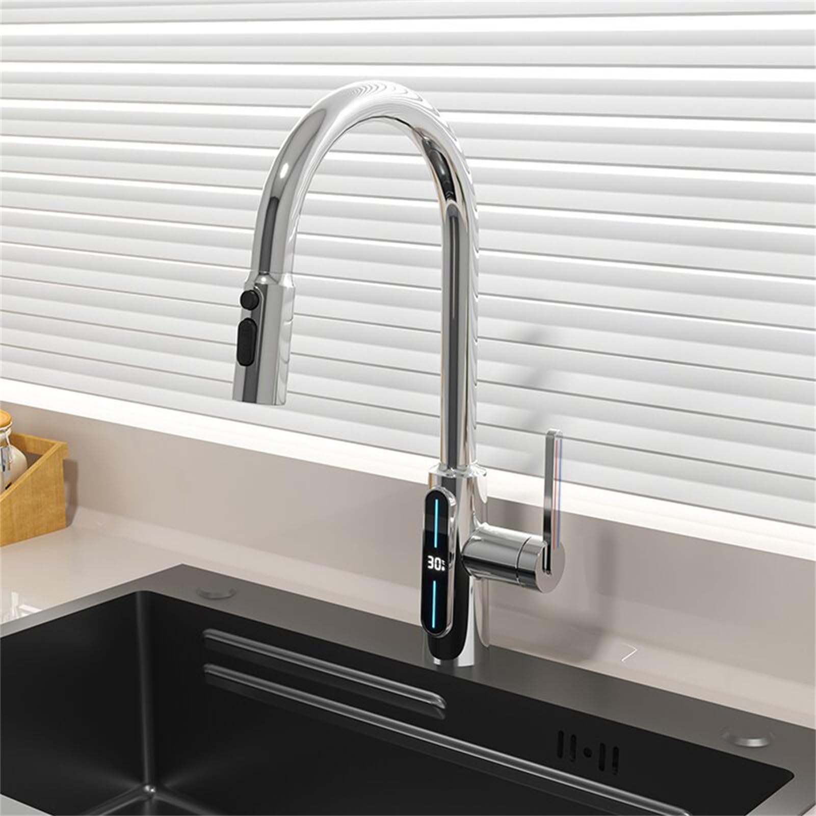 MXXQRHF Kitchen Faucet with Pull Out Sprayer, LED Temperature Display Kitchen Faucet, Faucets for Kitchen/Bathroom Sink, Brass High Arc Kitchen Faucet (Chrome)