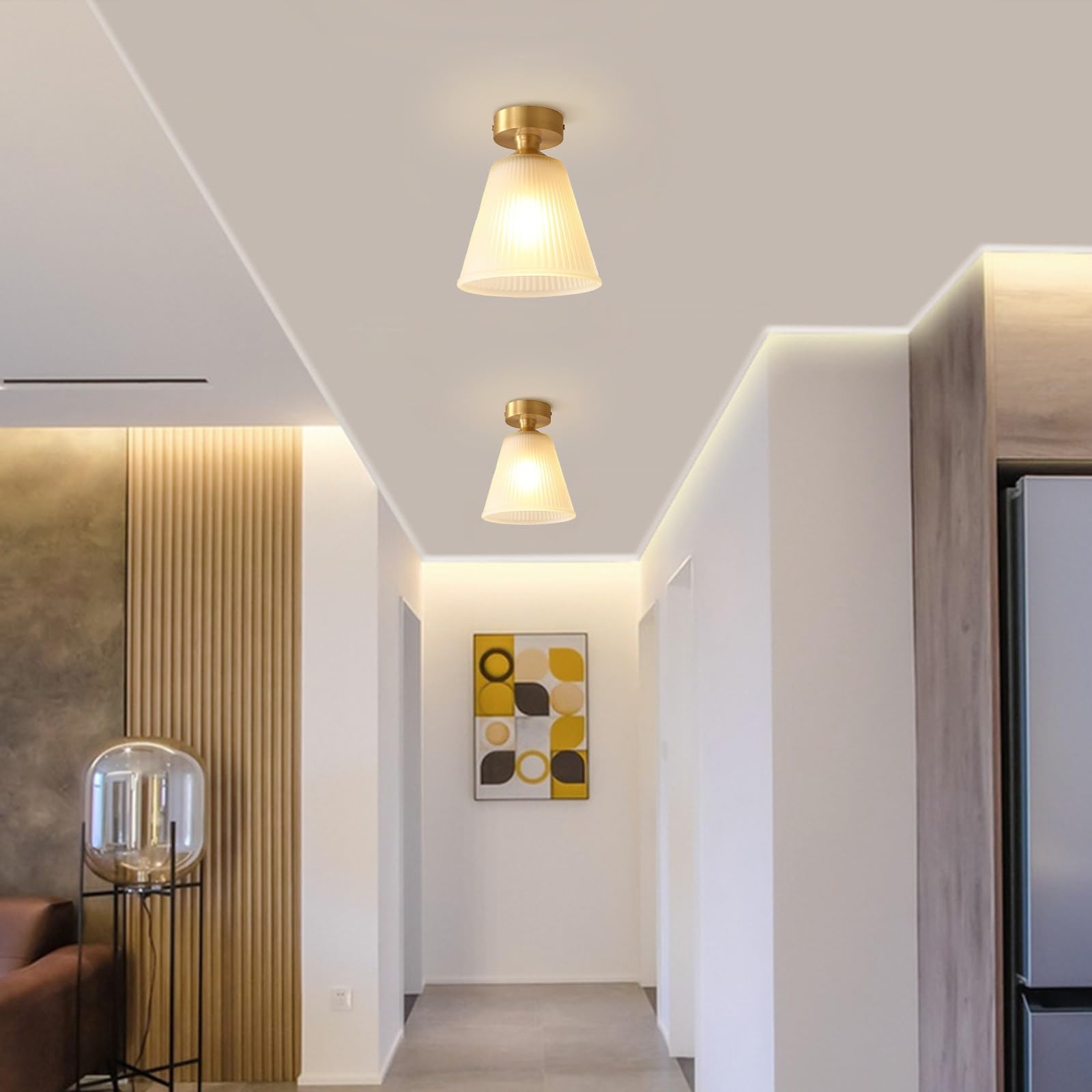 Złota lampa sufitowa do montażu podtynkowego, nowoczesna lampa wisząca z żebrowanego szkła z połowy wieku, mała lampa sufitowa do przedpokoju, salonu, korytarza, łazienki