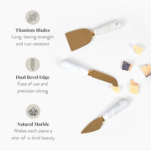 Miniatura 2 de The Bamboo Abode Juego de 3 cuchillos de queso de mármol premium, accesorios de charcutería dorada y blanca, regalo de inauguración de la casa,
