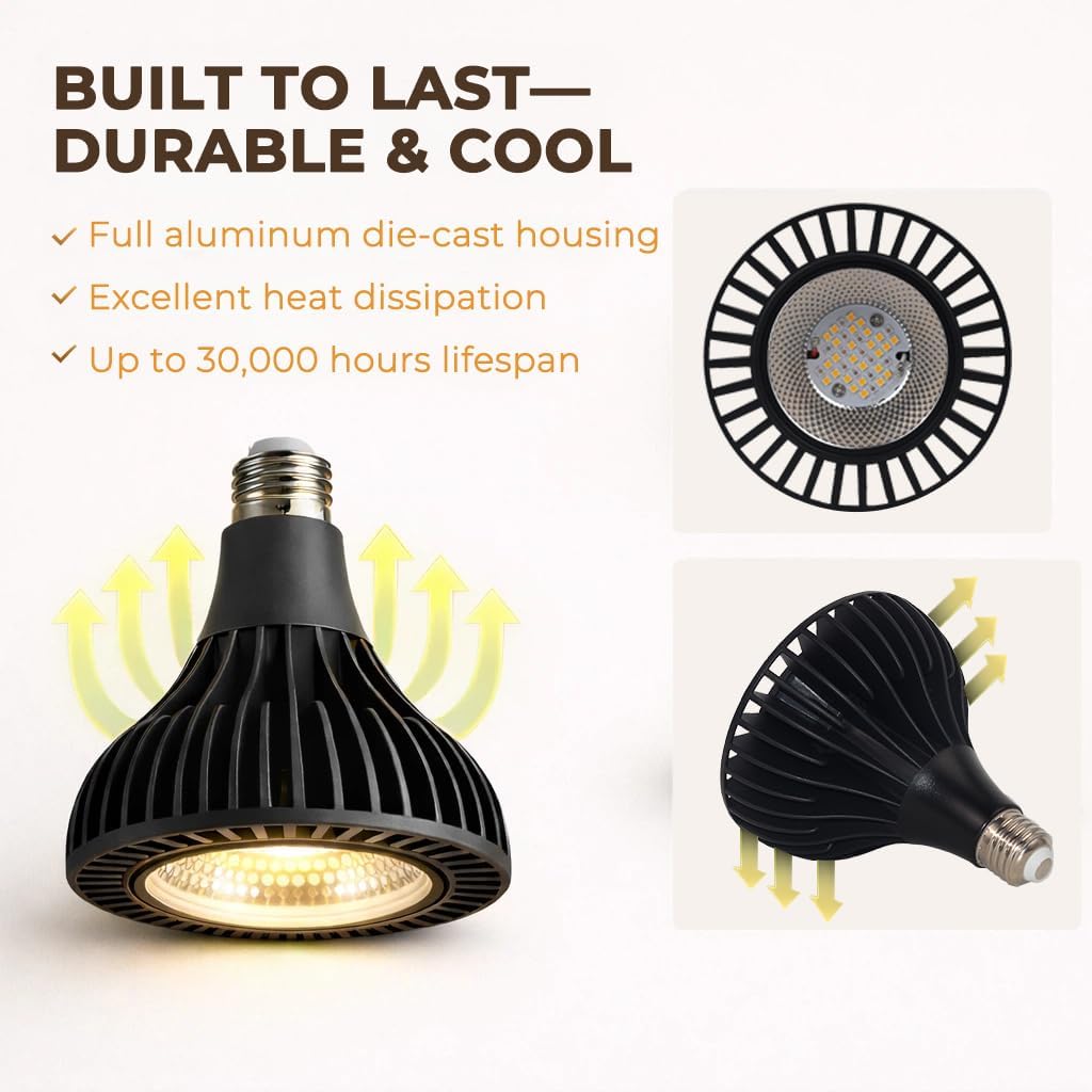 Grow Lights for Indoor Plants, 40W LED Full Spectrum Grow Bulb, 3000K Warm White (E26/E27), CRI 97+, Non-Dimmable, for Houseplants in Low-Light Rooms, Black