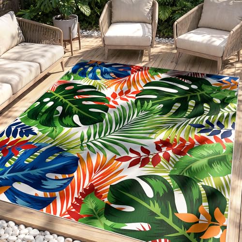 Arenarug 5x8 Monstera Tropical Outdoor Rug Waterproof Non-Slip Machine Washable Patio Rug UV & Stain Resistant Outdoor Carpet for Patio Deck Balcony Backyard Colorful