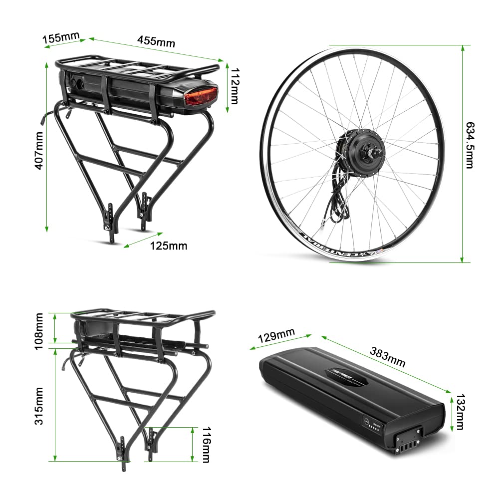 YOSE POWER Ebike Kit 36V250W 28" Moteur Avant Vélo E-Bike Hub Conversion Kit Contrôleur Intégré avec 36V 13Ah Rack Batterie pour 28" Frein à Disque V-Brake Roue Arrière Vélo