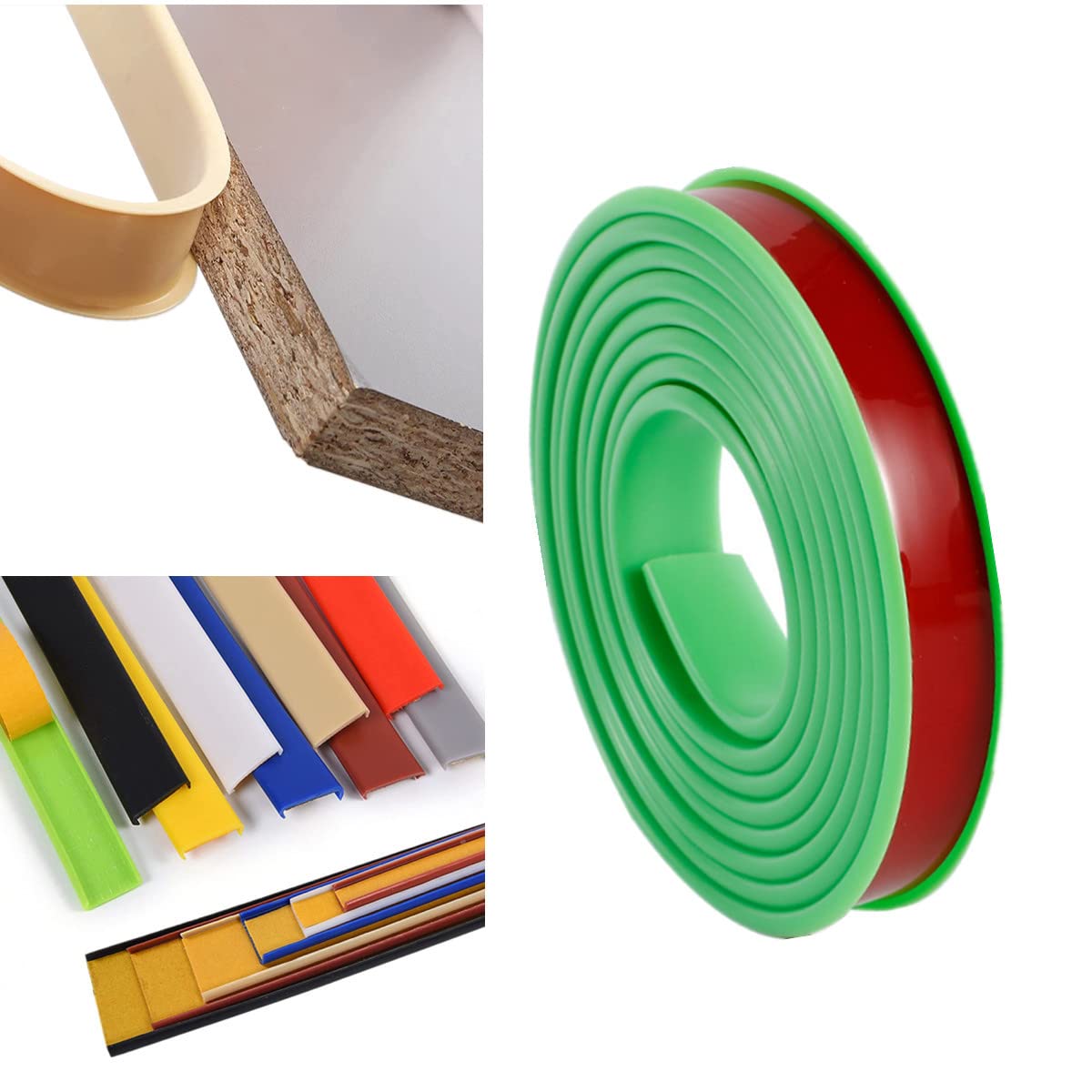 5M TPE Self Adhesive Furniture Edging Tape,U-Shaped Edge Trim Sealing Strip,Kitchen Worktop Edging Strip,Anti Collision Shockproof for DIY Cabinet Wardrobe Table (14mm,Green)