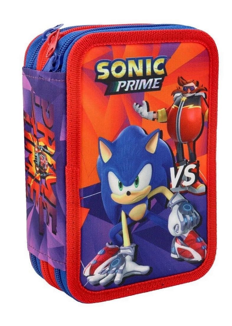 BGN Estuche de 3 compartimentos Sonic para niños de la escuela primaria, estuche triple con tres cremalleras planos, cremalleras, 44 piezas, material escolar, completo de colores Jotto, rojo, rojo, 20