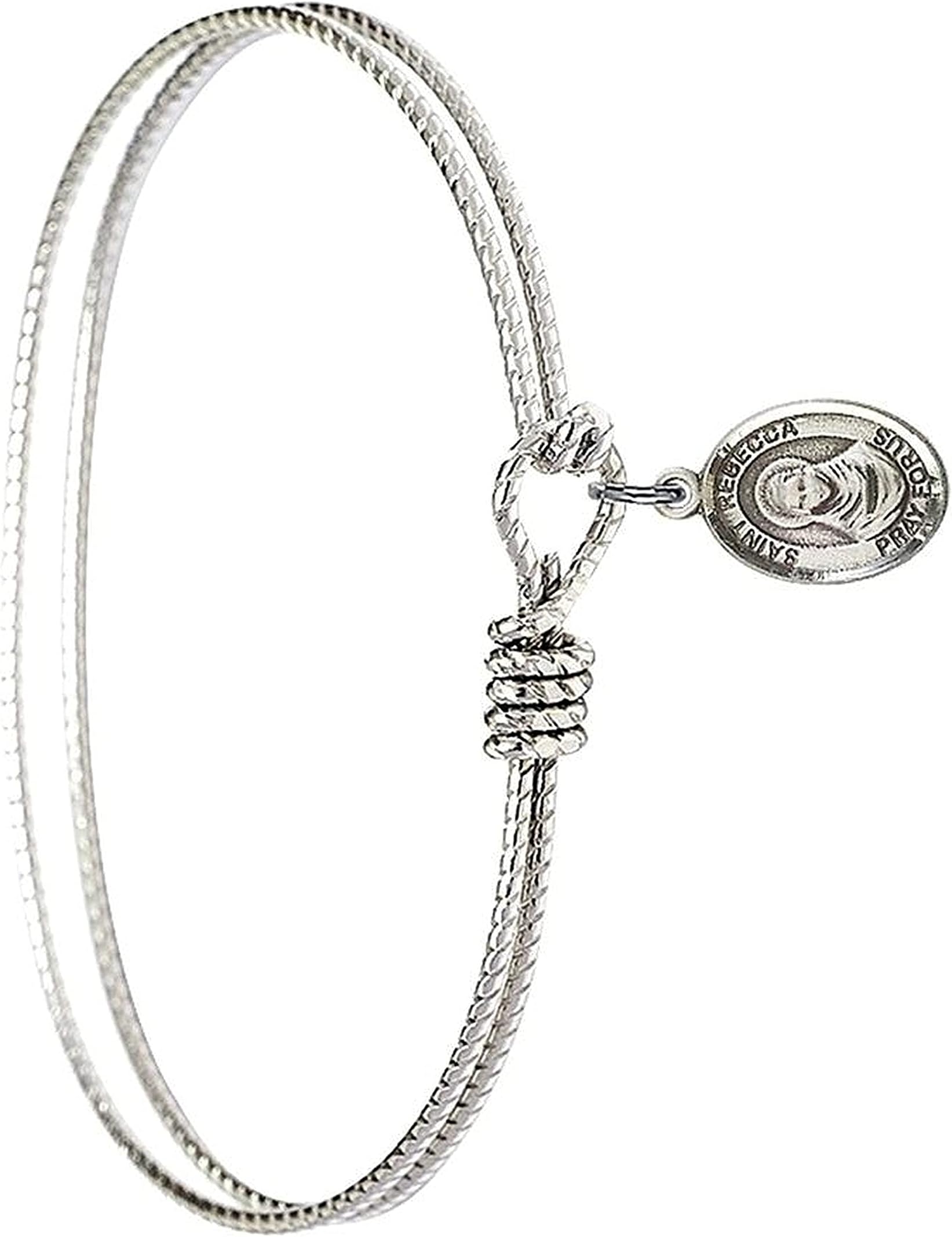 GenericNew Silver Tone Oval Eye Hook Bangle Bracelet with Saint Rebecca Charm, 6 1/4In to Elevate Your Style with Religious Jewelry TEH4817WIXX