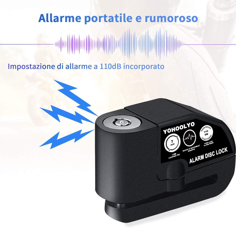 YOHOOLYO Bloccadisco Antifurto Impermeabile Allarme Sonoro 110DB per Moto Scooter Accessori con 2 Chiavi Cavo 1,5m Borsa