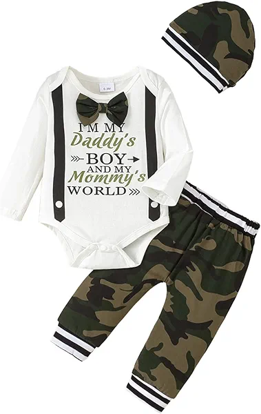 KIMI BEAR Baby Boy Clothes Infant Newborn Fall Winter Outfits Long Sleeve Letter Print Romper + Hat + Pants Set
