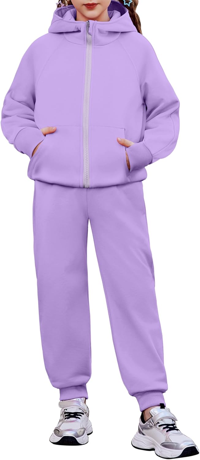 Arshiner Girls 2 Piece Outfit Drop Shoulder Zip Up Hoodies and Sweatpant Clothing Set with Pockets