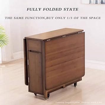 Foldable Dining Table Multifunctional Extendable Kitchen Desk Rectangular Table with 4 Chairs Simple Dining Table Mobile Table and Chair Set for Small Space (Wood Color)