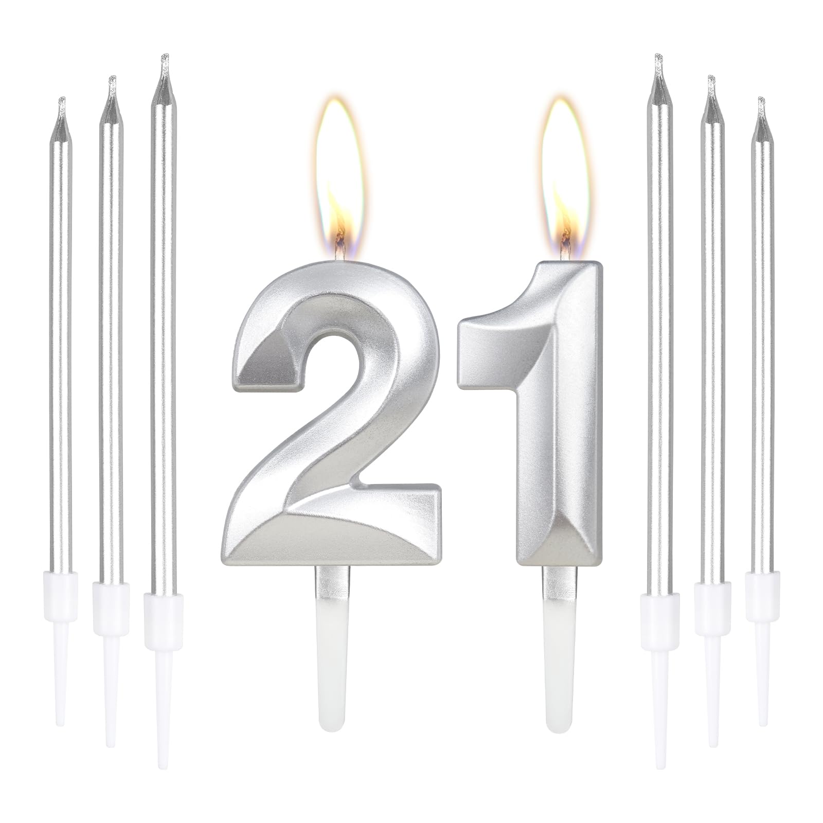 Silver 21st Birthday Cake Candles,Number 21 Candles with 6pcs Long Candles,Silver Candles Birthday Cake Set, Cake Candles Decorations for Birthday Party Wedding Anniversary