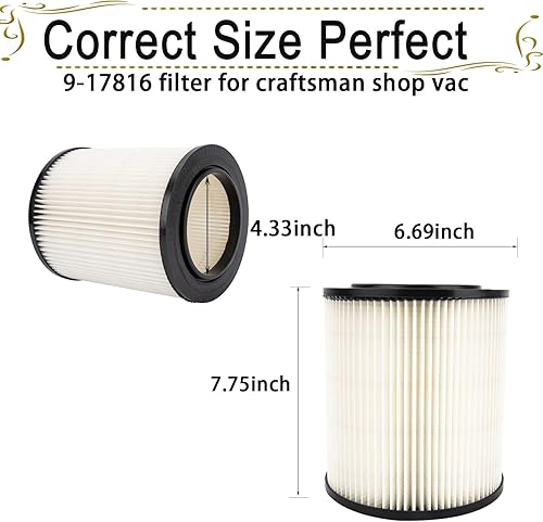 Miniatura 5 de 17816 Filtro para Shop Vac Craftsman 9-17816 Filtro Craftsman para aspiradoras húmedassecas de 568121632 galones más grandes accesorios