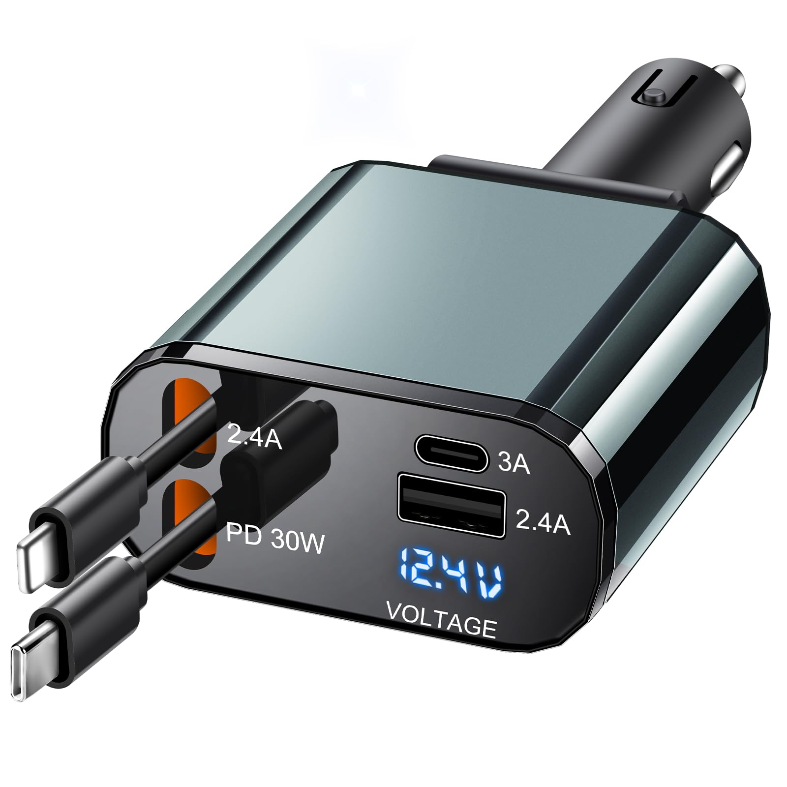 TICCI Retractable Car Charger [60W USB C with Cables] 4-in-1 Retractable Car Charger Fast Charging for iPhone 16, 15, 14, 13, 12 Series, USB-C, Android