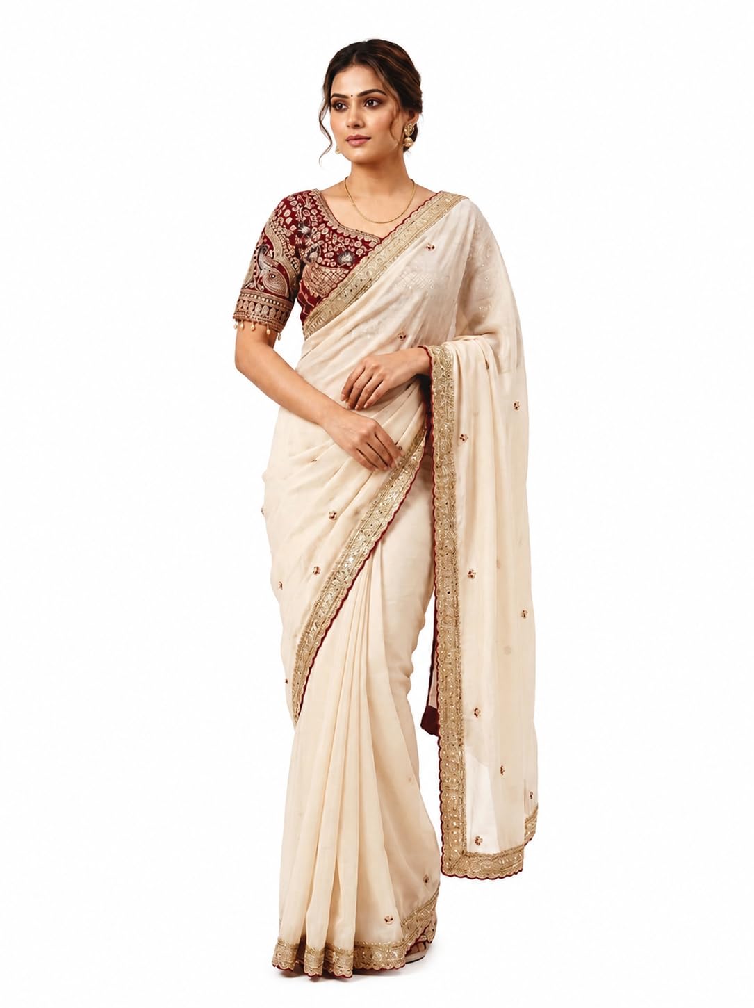 Women's Soft Rangoli silk Saree with Embroidery Thread, Zari & Sequence Work, Cutwork C-Pallu Border, Unstitched Rangoli Silk Blouse Piece, Cream & Maroon Traditional Saree-image-3