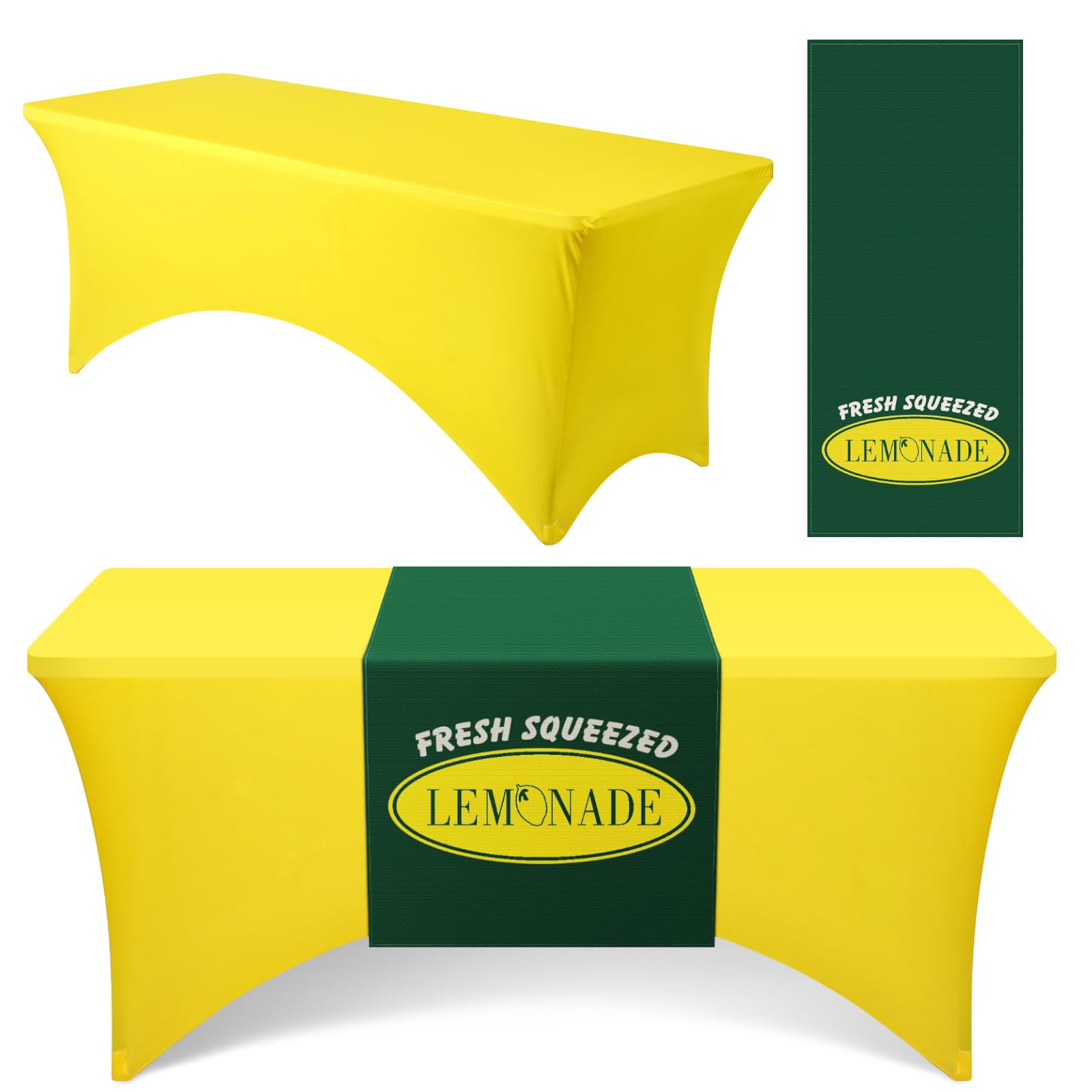Oudain Lemonade Stand Tablecloth with Table Runner, 6ft Stretch Spandex Lemonade Stand Table Cover Summer Party Tablecover for Lemon Theme Birthday