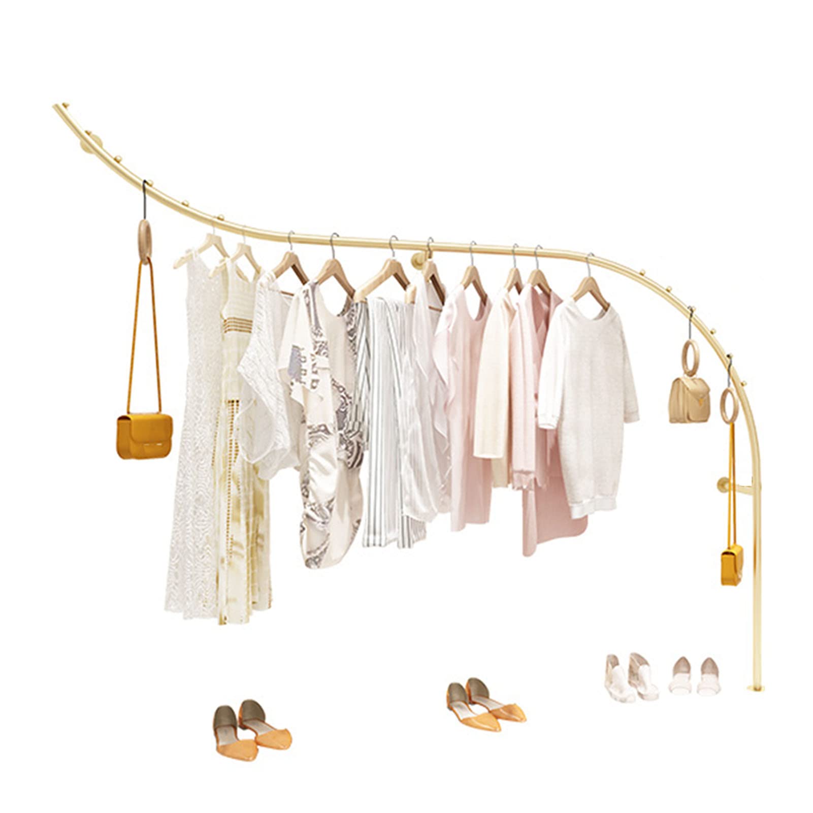 HPTHLY Retail Clothing Display Racks Hang Clothes Rack, Boutique Store Gold Closet Rod Metal Clothes Racks, Modern Industrial Pipe Wall-Mounted Garment Rack, Decoration Cur(Left Arc-170Cm)