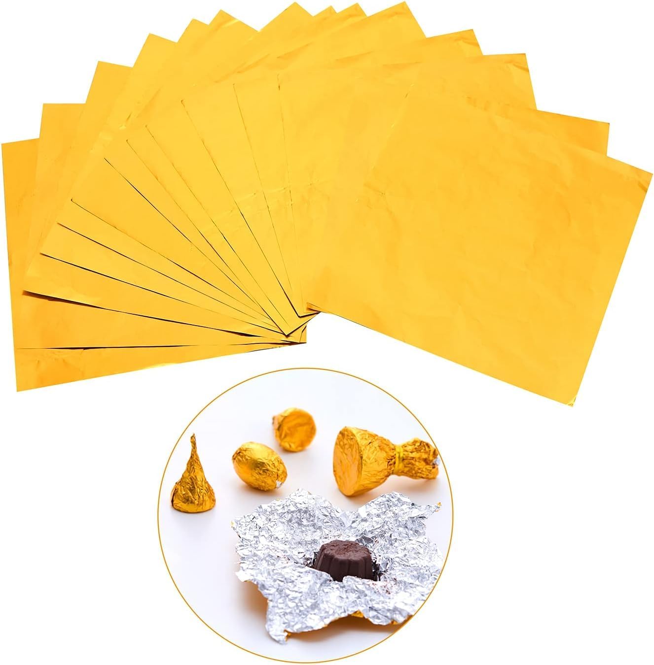Bakeyy 200pcs Square Sweets Candy Chocolate Lolly Paper Aluminum Foil Wrappers Golden.