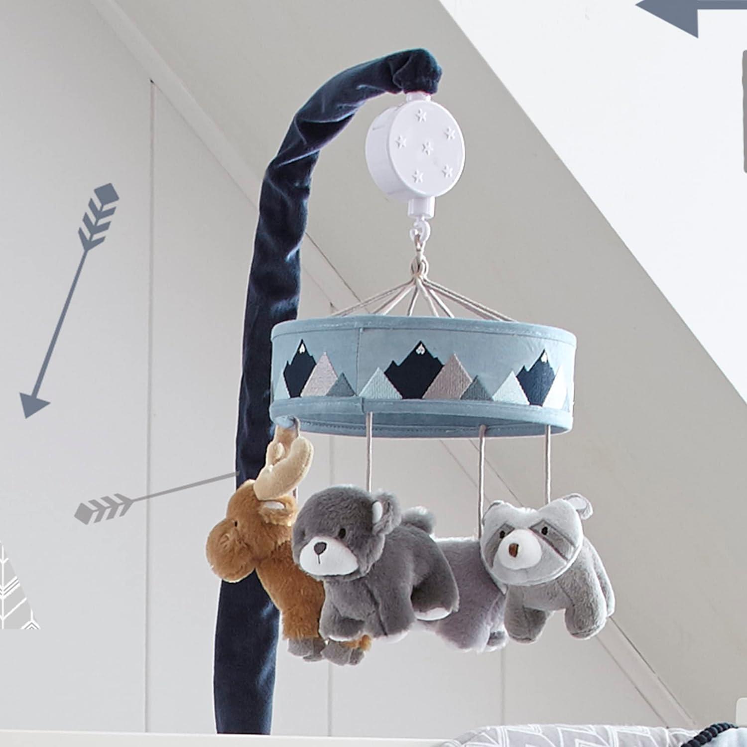 Levtex Baby - Trail Mix Musical Rotating Baby Crib Mobile - Plush Bears , Moose and Racoon - Grey, Blue, Navy, Brown, White - Nursery Accessories
