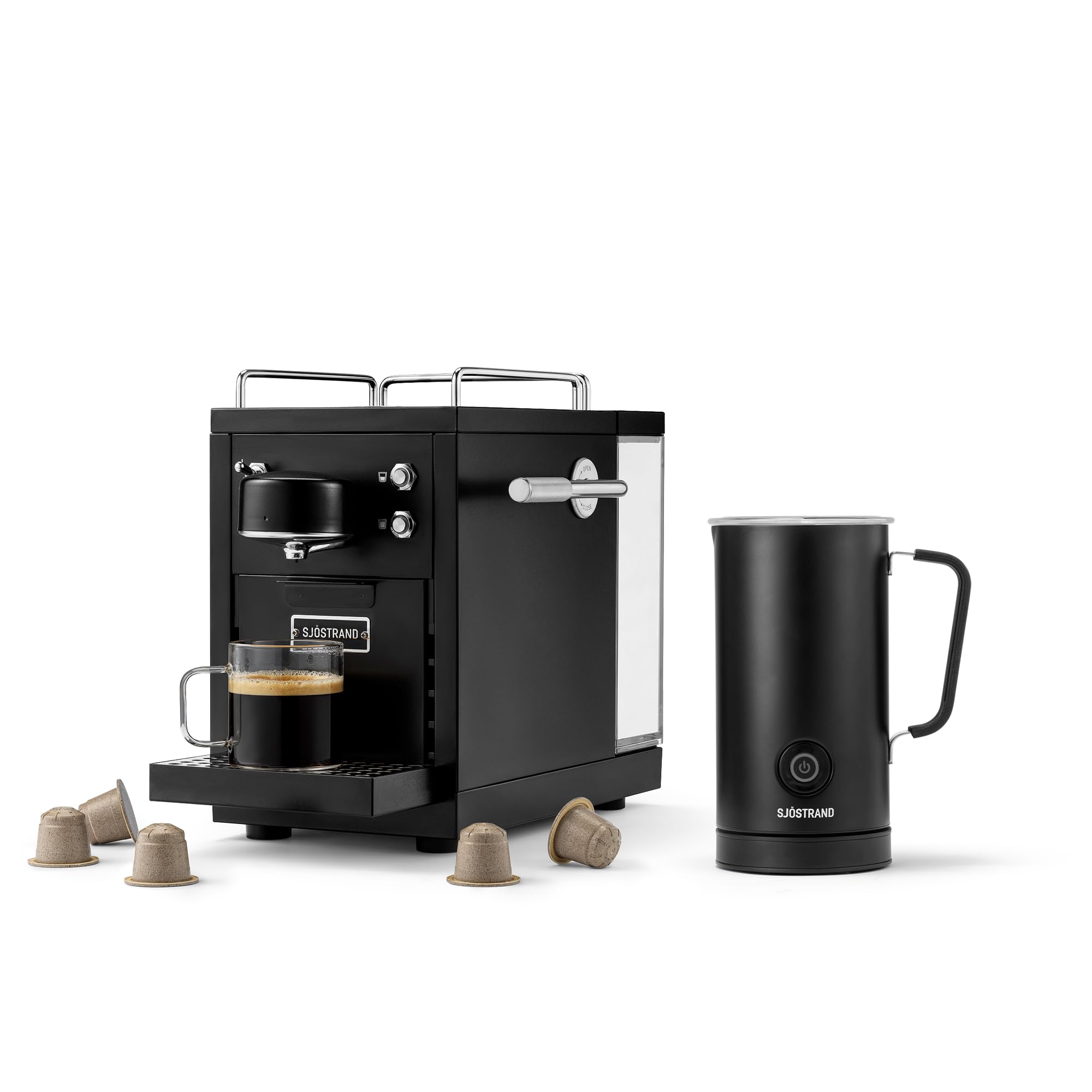 Sjöstrand The Original 2 zestaw spieniaczy do mleka – kompatybilny z Nespresso®, obudowa ze stali nierdzewnej z czarnym wykończeniem, skandynawskie wzornictwo