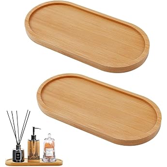 Set of 2 Bamboo Trays Small Oval Wooden Tray Coasters Oval
