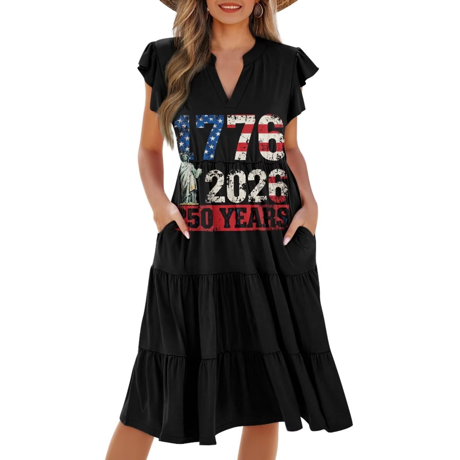 Womens Summer Dress Ruffle Sleeve V Neck Dress Casual Fit Flowy Beach Vacation Sundress with Pocket S-2XL