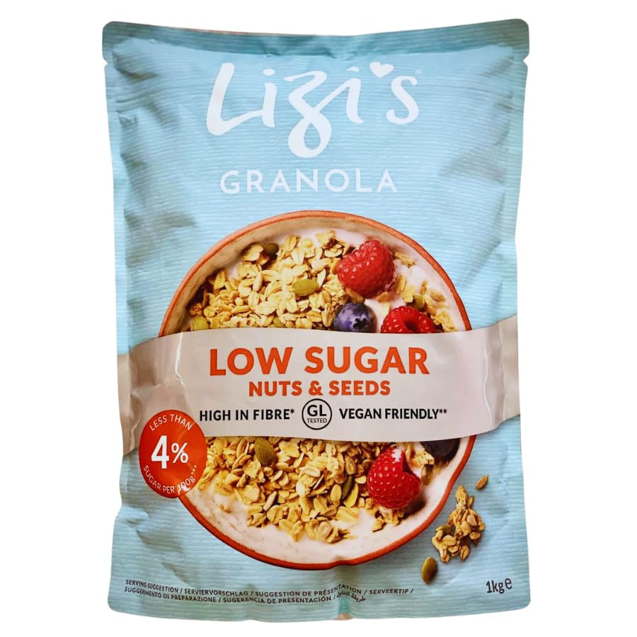 Granola Nuts & Seeds with Lizi's Low Sugar Granola Nuts & Seeds 1Kg - 1 Pack | Toasted Wholegrain Oat, Nut & Seed Granola, Suitable For Vegetarians.