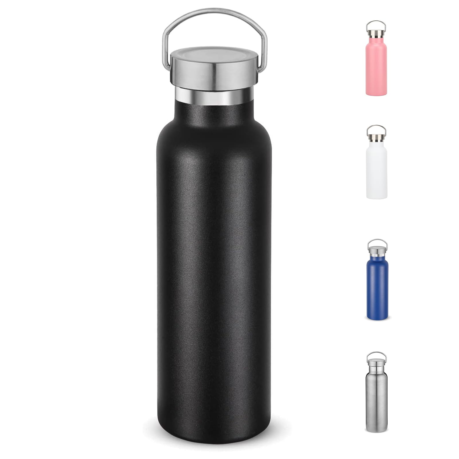 Water Bottle Stainless Steel Insulated 500ml with Leakproof Lid and Handle, Double Wall Vacuum Travel Bottle for School, Hiking, Travel - Reusable Metal Standard Mouth Flask for Everyday Use (Black)