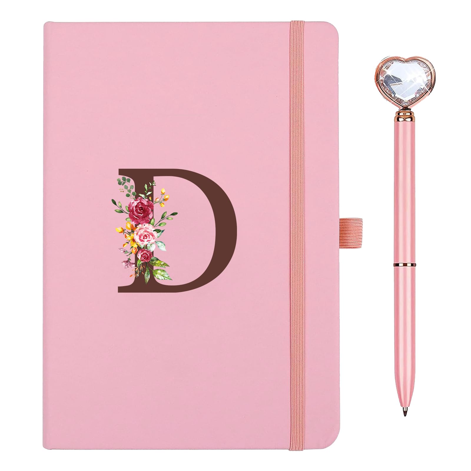 Travel Notebook PU Leather with Pen Diamond Pink Heart Writing Notebook A5 Initial Diary Notebooks for Women Girl Birthday Easter Mother's Day Gift for Friend Student(D)