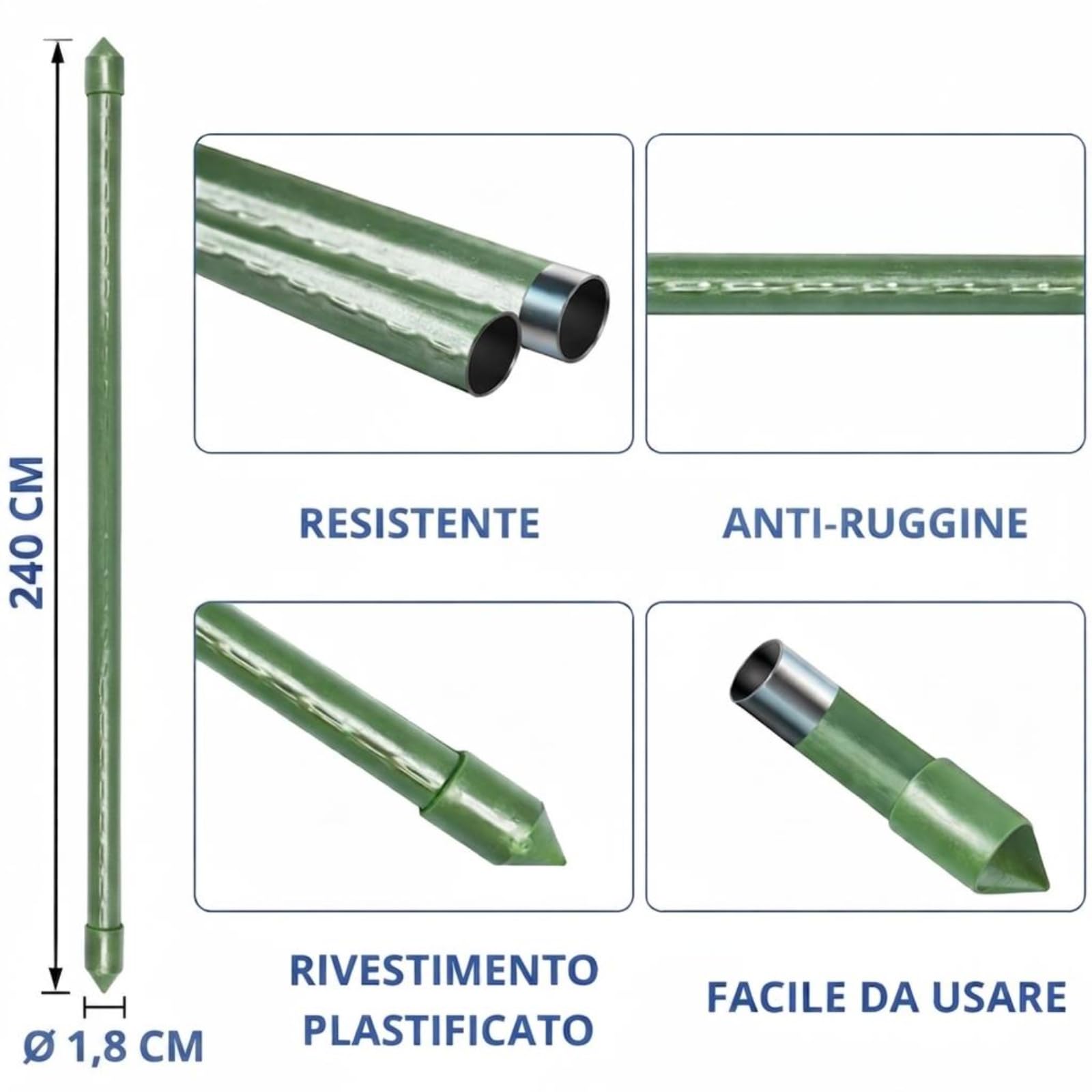 25 PZ Cannette in Metallo Plasticato ø18 mm h. mt 2,40 Tutore in Metallo Rivestito in Plastica, Canne Reggi Piante per Supporto, Sostegno, Ancoraggio, per Orti, Serre, Vivai, Giardini
