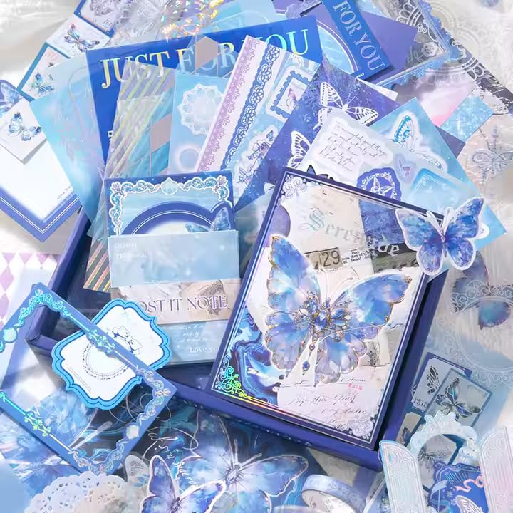 Image of VOTDOT Paper Junk Journal & Scrapbook Kit, Scrapbooking Supplies Kit with Creative Decor Journaling Supplies, Stationery, Stickers, A6 Grid Notebook with Graph Ruled Page Gift for Girl (Harry Potter Butterfly Blue)