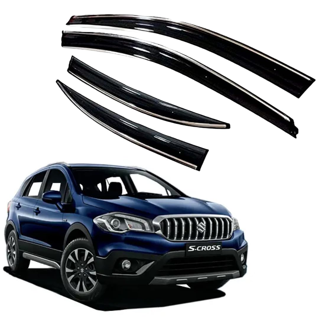 Premium Chromeline & Silverline Unbreakable Car Rear Window Wind Deflectors & Side Door Visor Rain Guard Compatible with (Maruti Suzuki S-Cross (2018-2019))