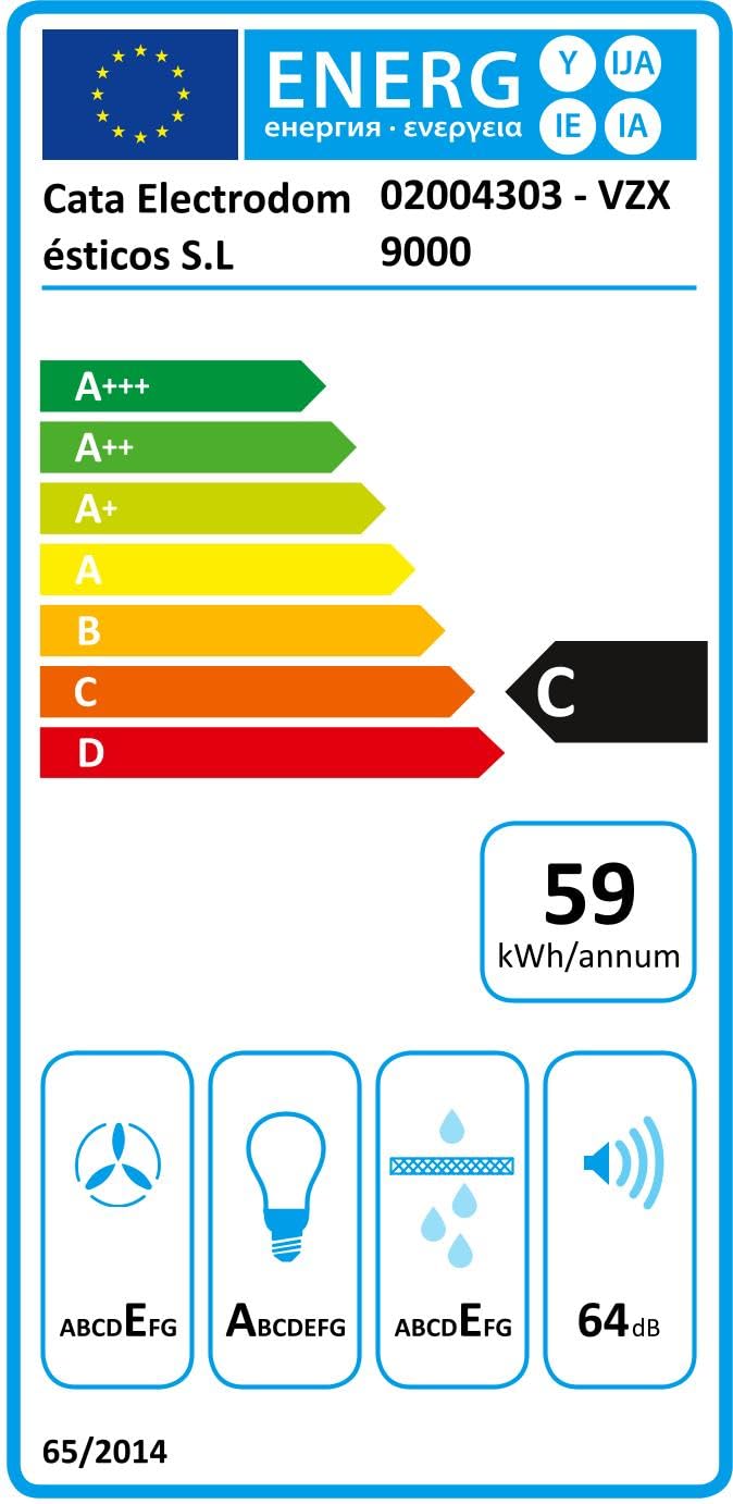 Cata Campana Extractora VZX 9000 X/A Campana de Pared Decorativo 90 cm Capacidad de Extracción de 510m3/h 3 niveles de Potencia Acabado en Acero Inoxidable