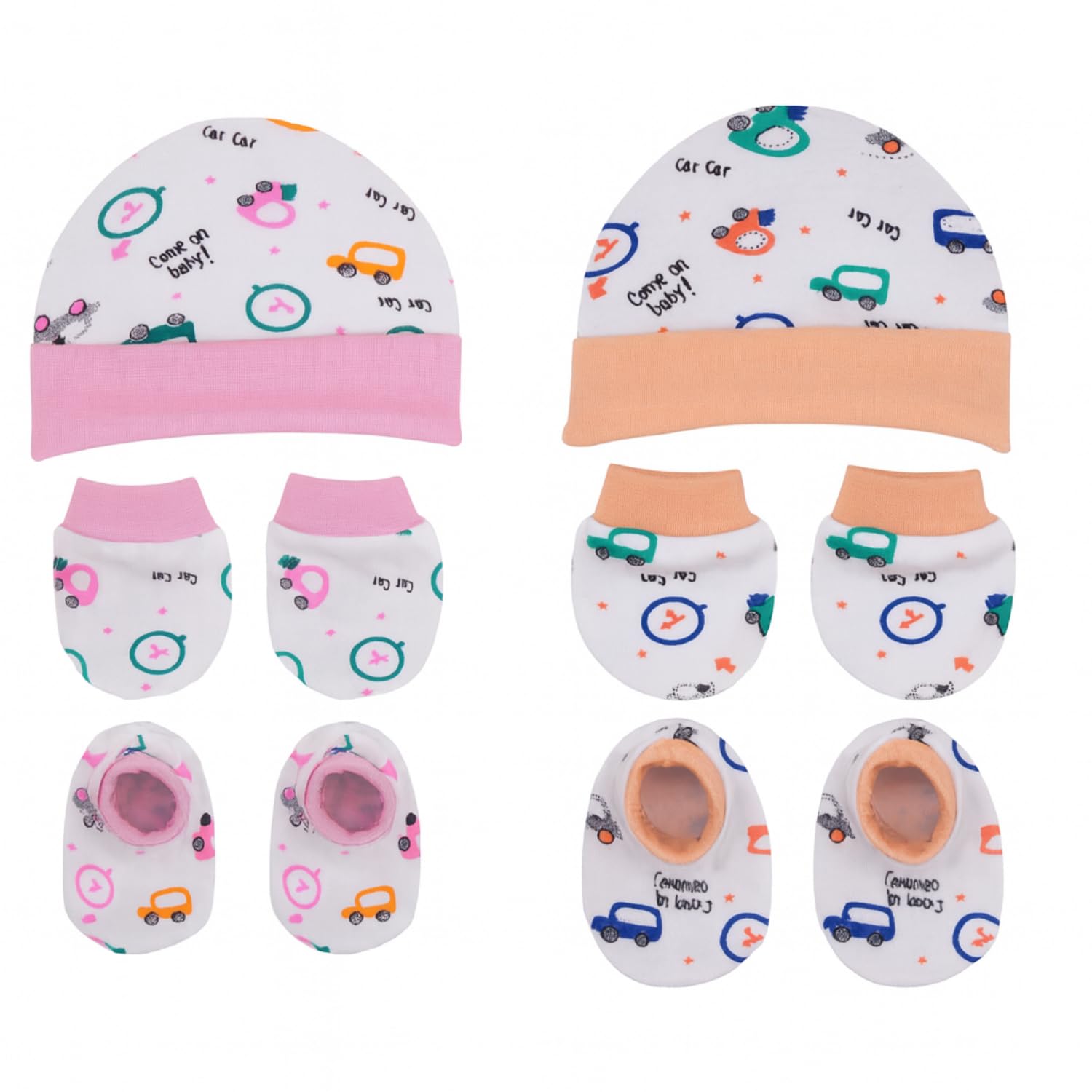 Mittens Cap and Booties Set for New Born Baby Pack of 2 | 100% Cotton Baby Mittens Set 0 to 6 Months | Soft Anti-Scratch Caps Mittens and Booties Newborn | Cute Designs | Boys & Girls (Pink+Orange)