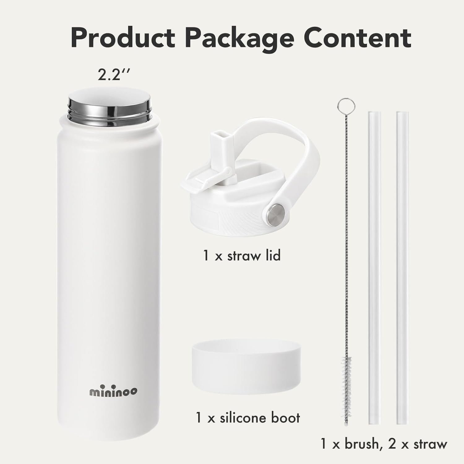 Mininoo 24 oz Insulated Ceramic-Lined Water Bottle with Straw, White