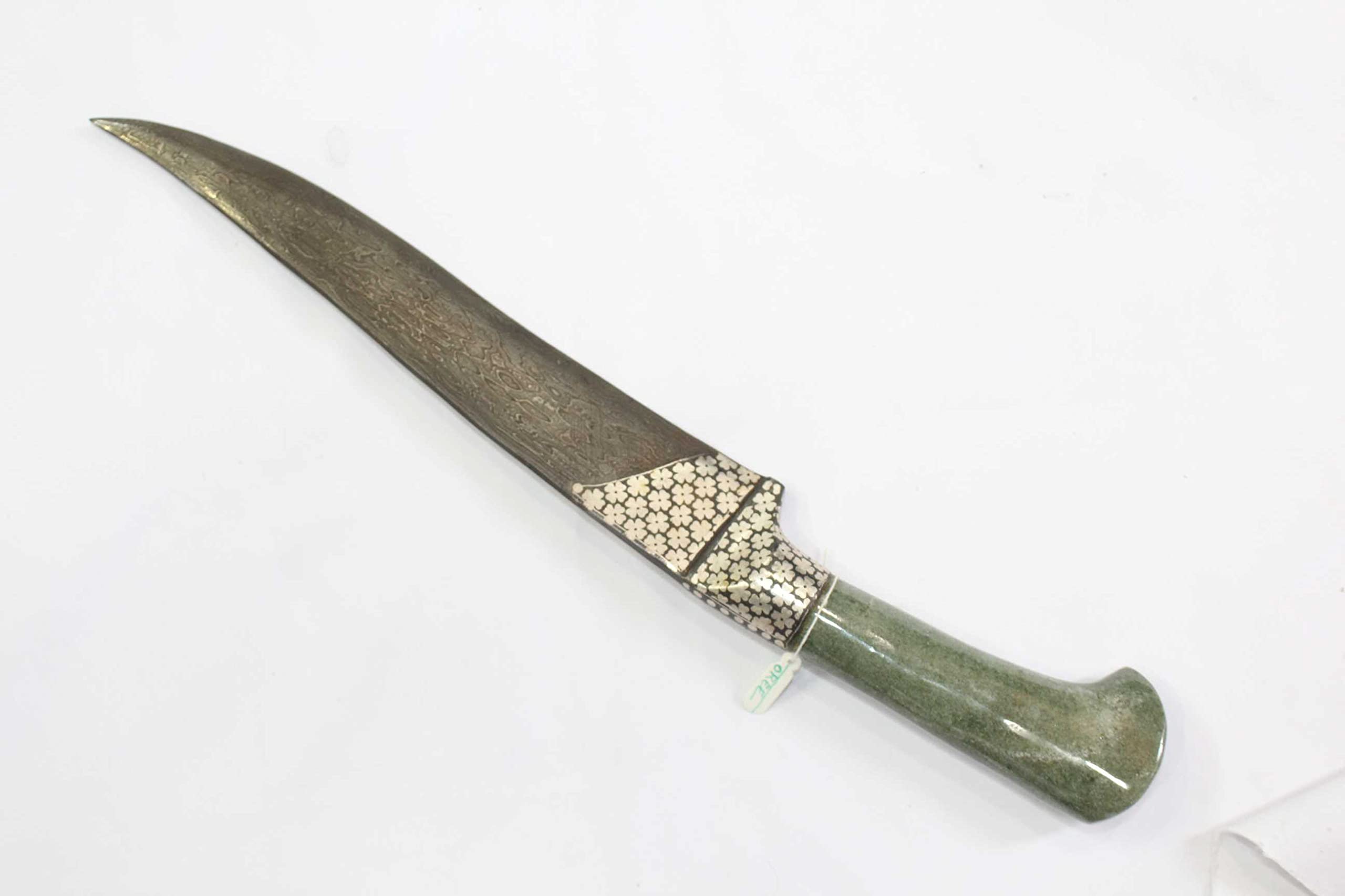 Rajasthan Gems Dagger Knife Damascus Steel Blade Green Jade Stone Handle Silver Koftgiri D134