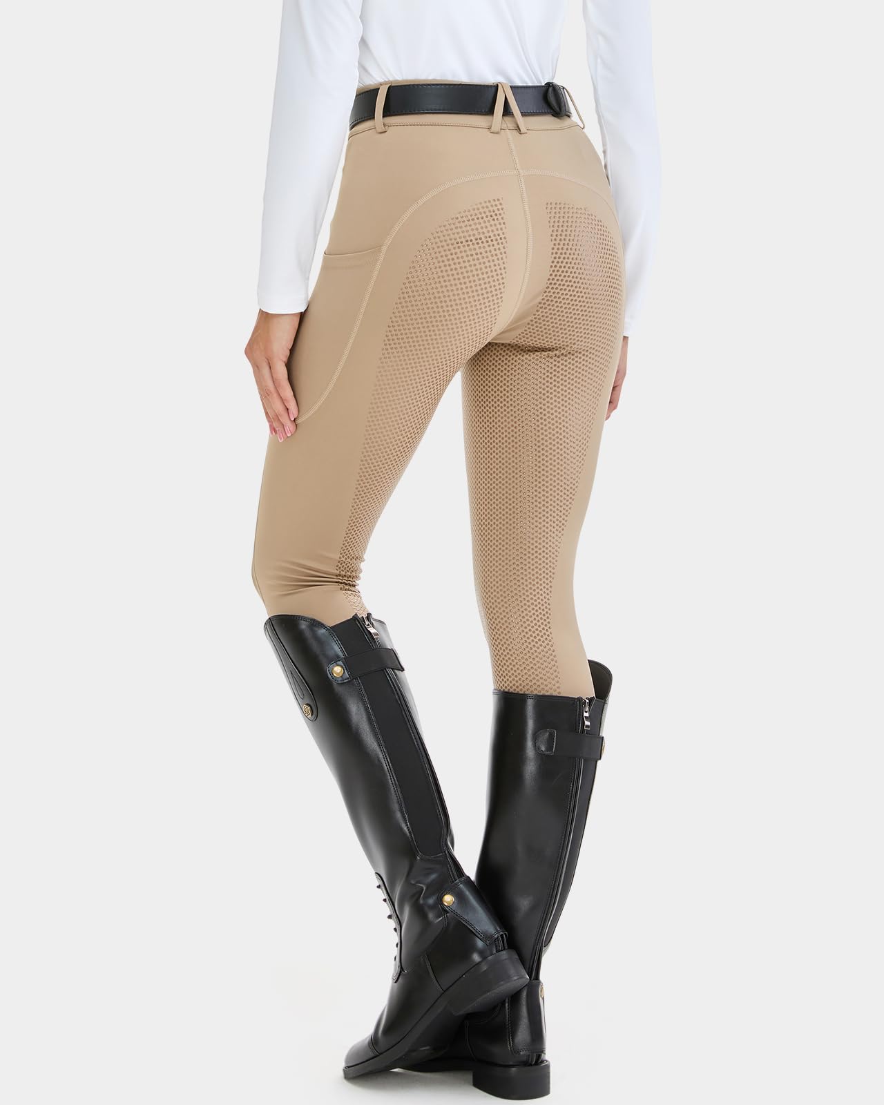 HMILES Leggings da Equitazione da Donna, in Silicone, con Inserti Completi, a Vita Alta, Elasticizzati, da Equitazione, da Donna, con Passante per, Cachi, M