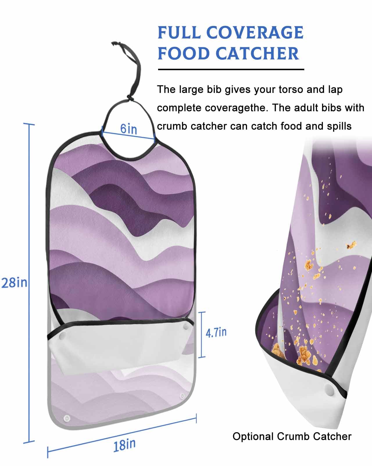 LEOKOTI Purple Ombre Adult Bibs for Eating, Waterproof Bibs with Food Catcher & Adjustable Snap Closure, Modern Geometric Moire Abstract Art Washable Clothing Protectors Adult Bibs for Elderly