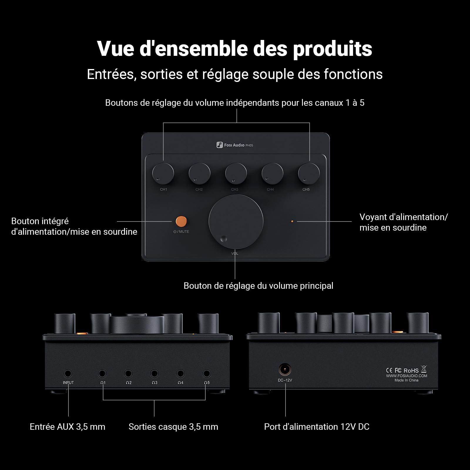 Fosi Audio PH05 Amplificateur Répartiteur de Casque 5 Canaux, Mini Ampli pour Mixeur de Studio de Musique, Partage Audio, Moniteur de Podcast, Prend en Charge 16-300 Ohm Haute Impédance IEM
