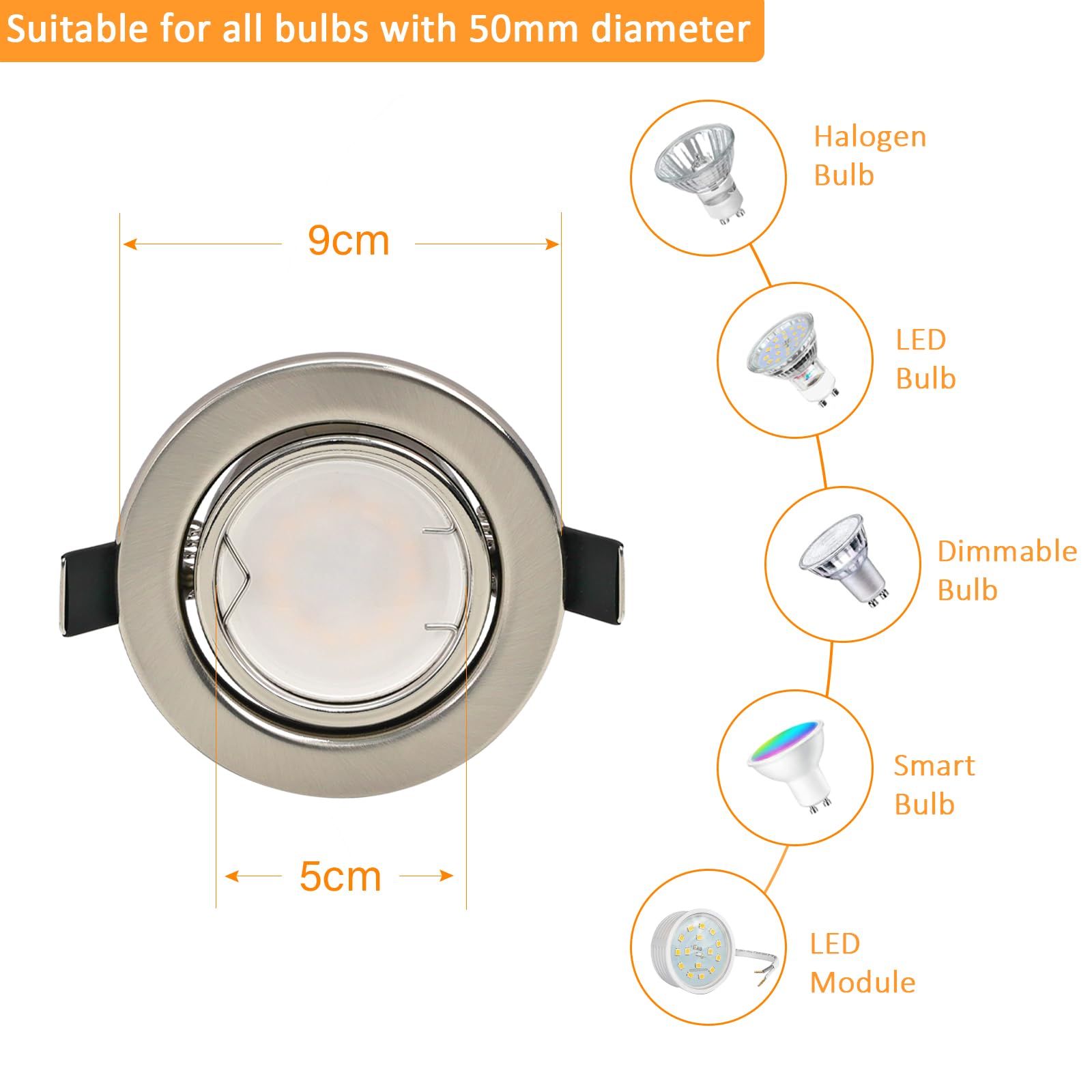GeyouLux Faretti LED da Incasso per Cartongesso,5W Bianco Neutro 4000K,Cornice Rotondo Metallo Nichel Spazzolato 230V,Plafoniere GU10 Soffitto Orientabile di 30° Angolo a Fascio 120° Set da 6