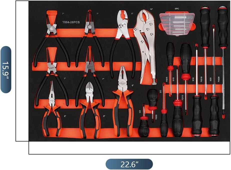 JZD Tool Set in EVA Foam Tray, 25 Pieces Pliers & Screwdrivers Mechanic, for Cabinets and Tool Boxes