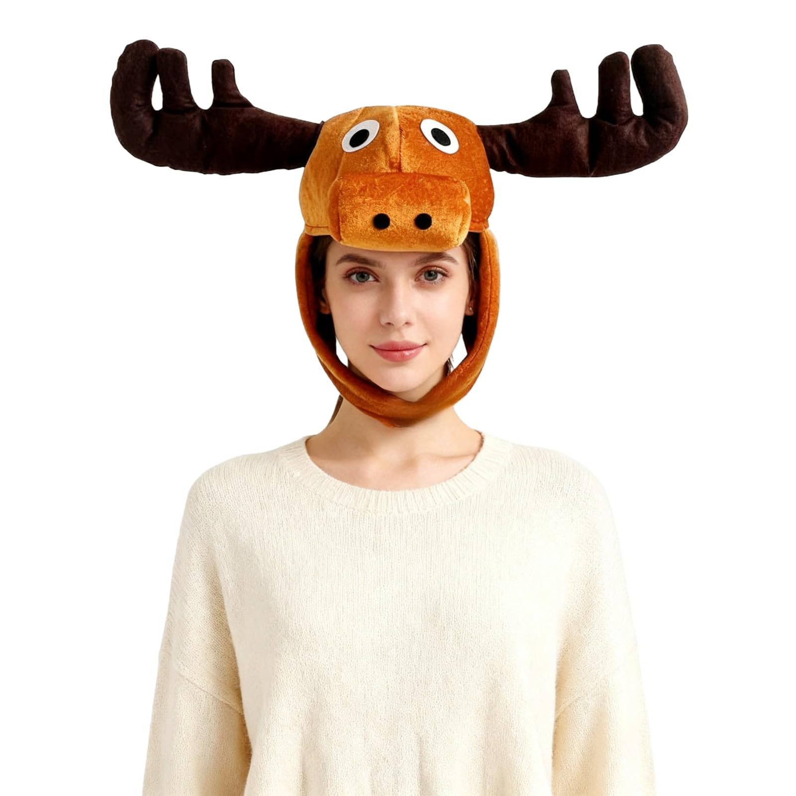 Fuzzy Faux Fur Moose Hooded Hats Men Women Teens Cosplay Halloween Funny Large Antler Elk Ear Headwear Animal Theme Earflap Skull Caps Christmas Reindeer Moose Costume Full Hood Hat Supplies - Image 3