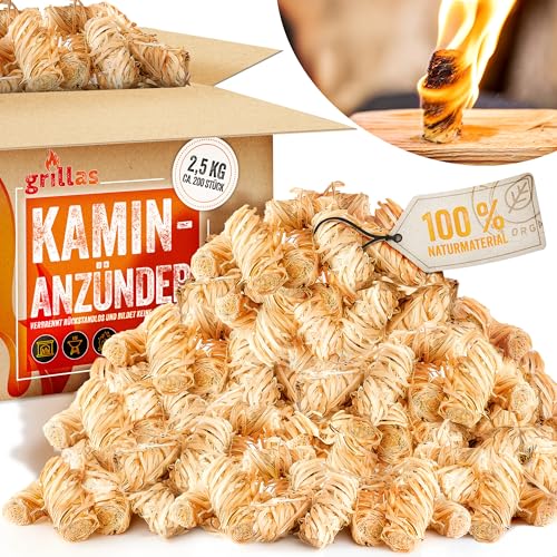 grillas Kaminanzünder 2,5 kg (ca. 240 Stück) Grillanzünder aus Bio Holzwolle & Wachs | Anzünder Kohleanzünder Ökologisch | Wachsanzünder Umweltfreundlich | Anzündwolle Ofenanzünder Lange Brenndauer