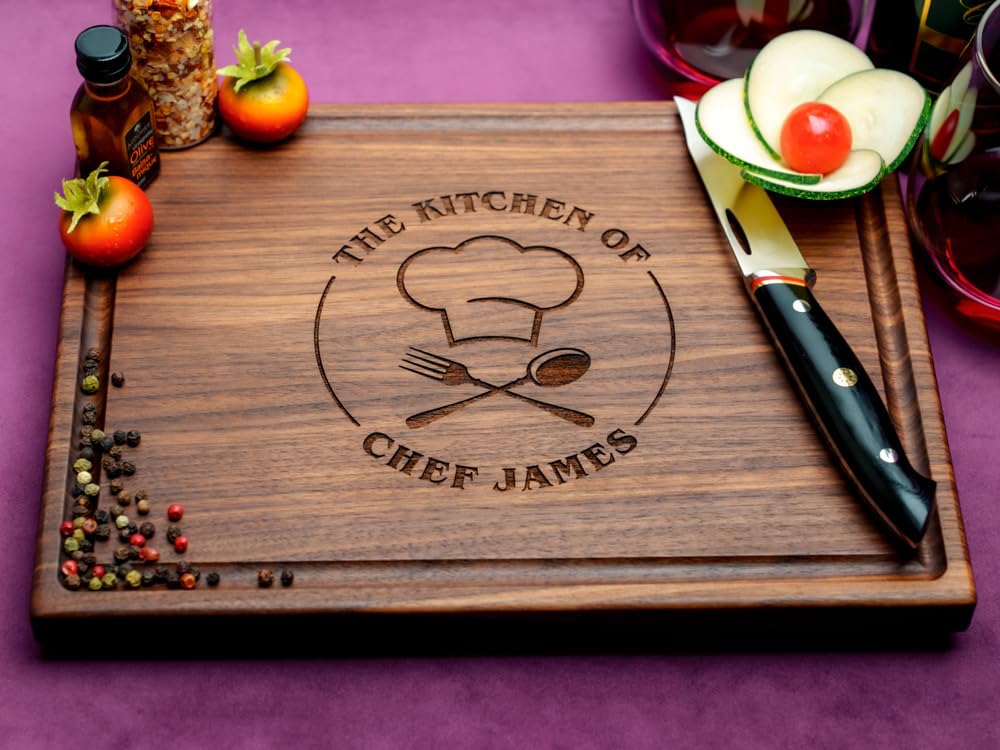 Straga Personalized Cutting Boards | Handmade Wood Engraved Charcuterie | Custom Birthday, Cooking School Graduation Gift for Kitchen or Chef (Chef’s Kitchen Design No.501)